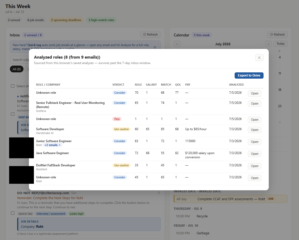 Analyzed roles table comparing verdict, salary, match score, and quality-of-life score across job postings
