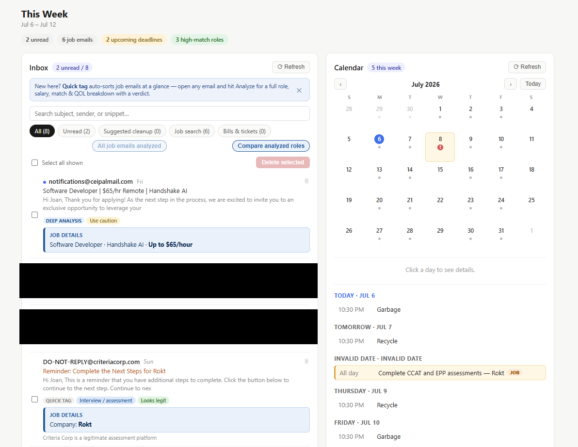 Inbox triage view sorting job emails from other mail, with an analyzed job posting showing role, match, and pay details